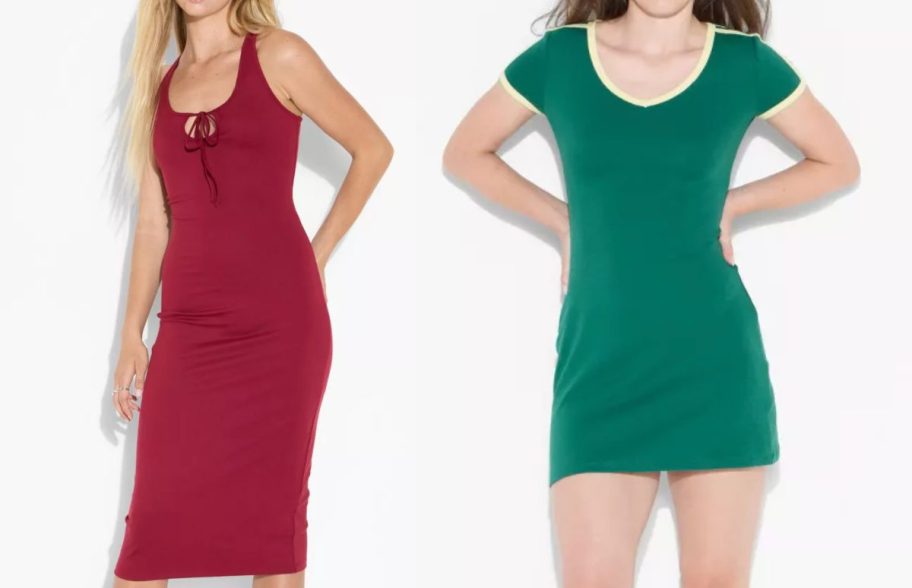 women in maroon and green dresses