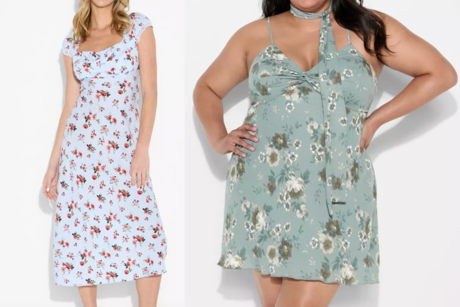 women in floral blue and green dresses