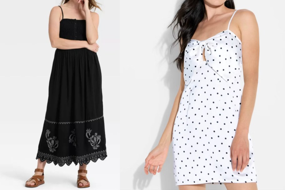 women in black maxi and white polka dot dress