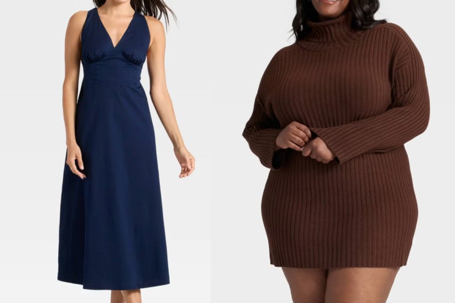 women in navy maxi dress and brown sweater dress