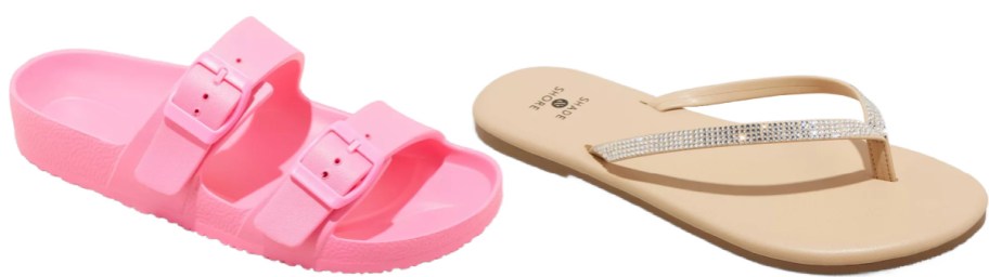 A pair of pink sandals and tan flip flops.