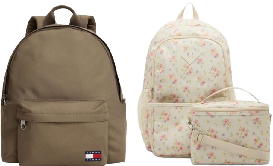cream backpack and brown backpack