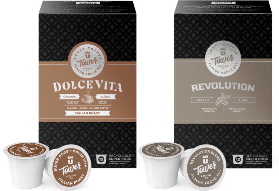 tower dolce vita and revolution coffee pods