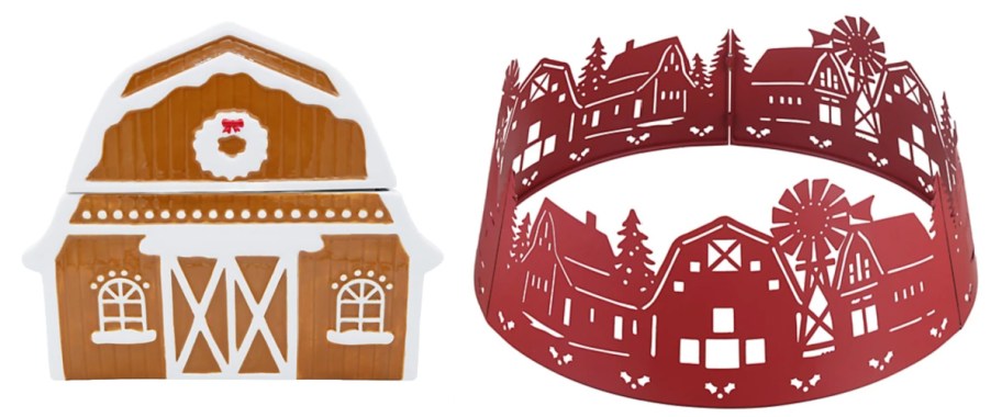 barn shaped cookie jar and red barn christmas tree collar