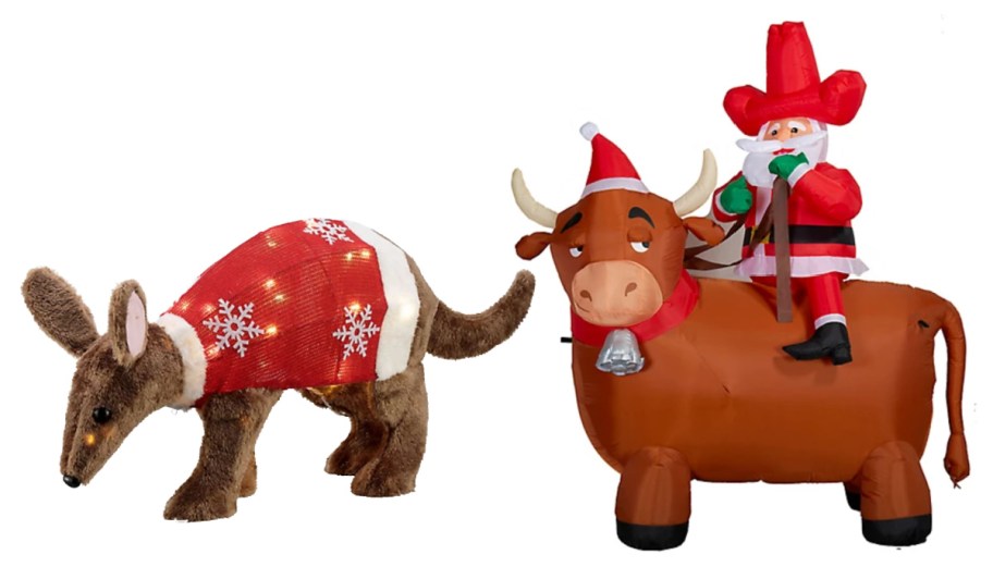 armadillo in chrismtas sweater and santa on a bull decor