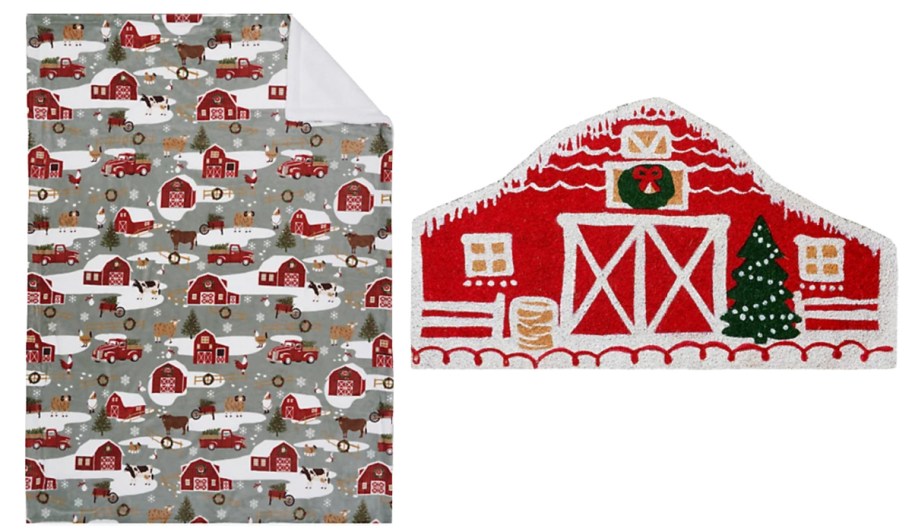 red barn printed blanket and red barn doormat