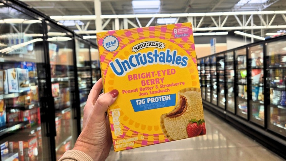 womans hand holding a box of uncrustables with high protein
