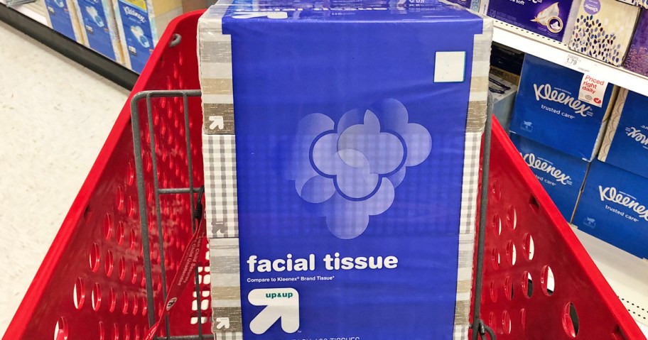 box of up&up Facial Tissues in red shopping cart