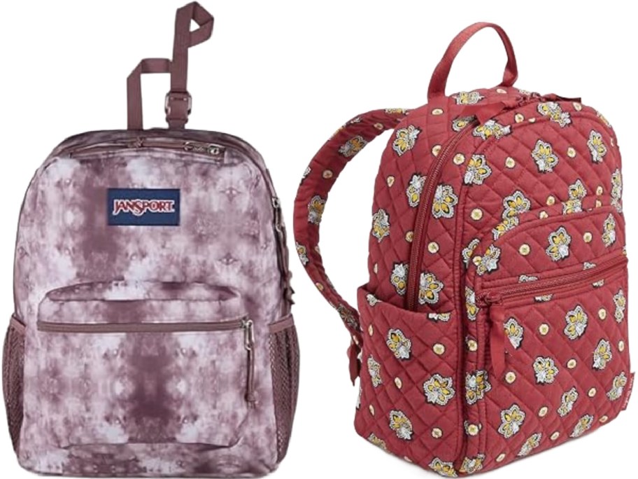 purple backpack and red backpack