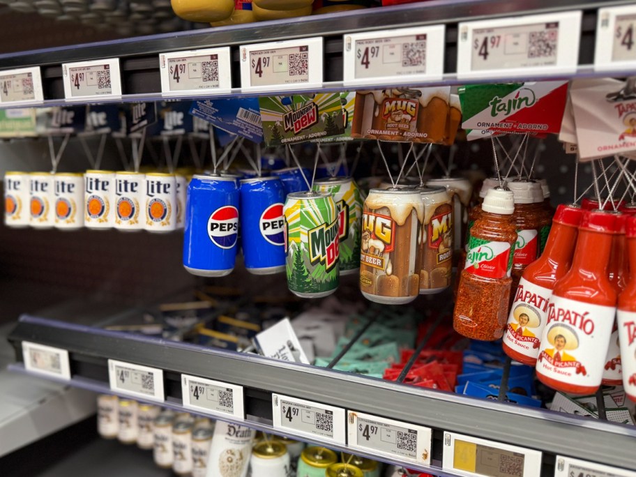 drink can ornaments hanging in store 