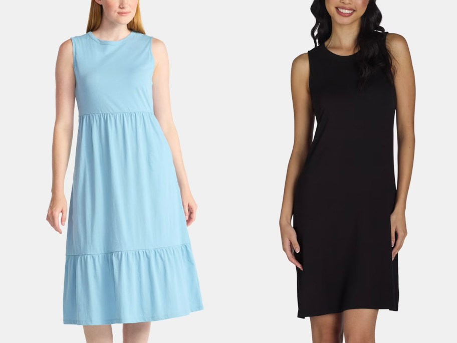 two women wearing blue and black dresses 