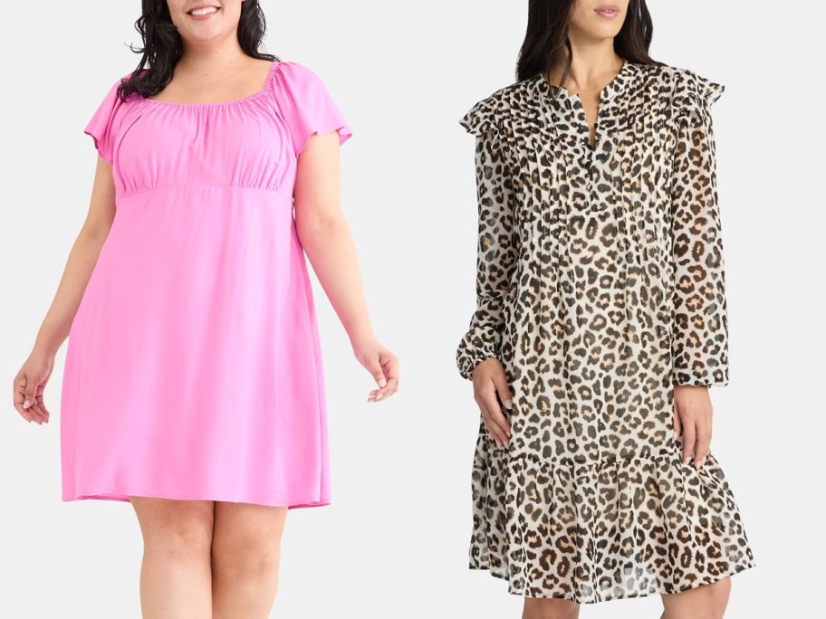 two women wearing pink and leopard dresses 