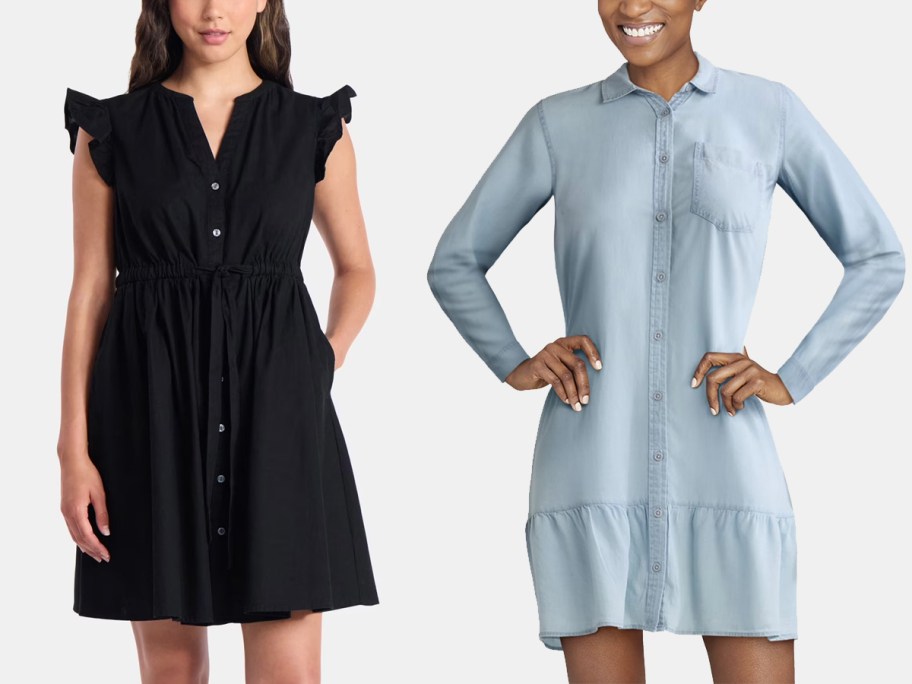 two women wearing black and blue dresses 