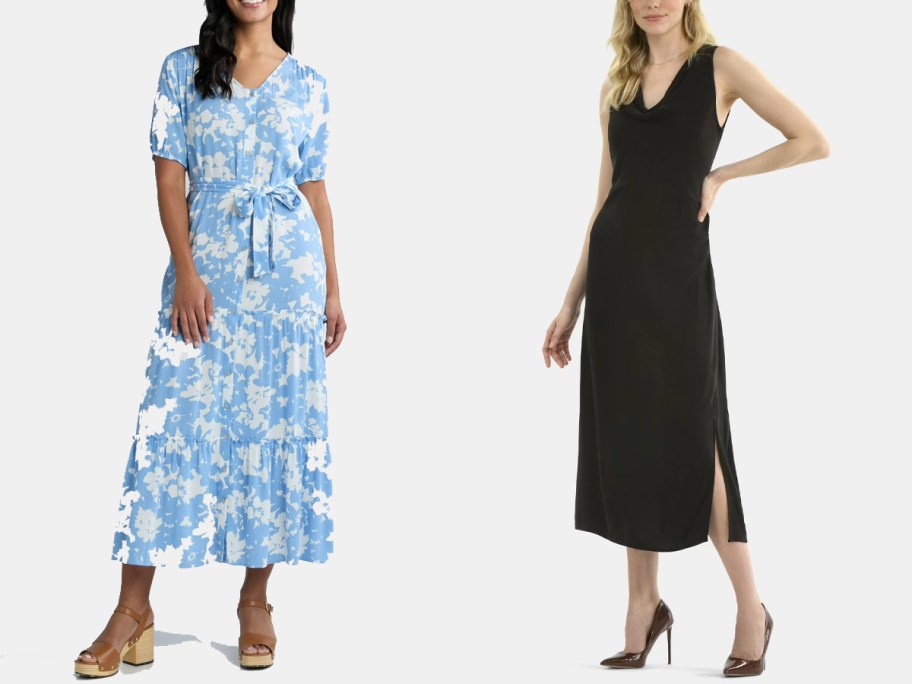 women wearing blue floral and black dresses 