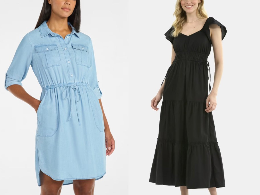 women wearing blue and black dresses 