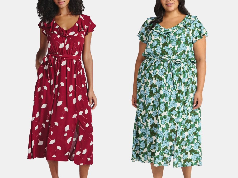 women wearing red and green floral dresses 
