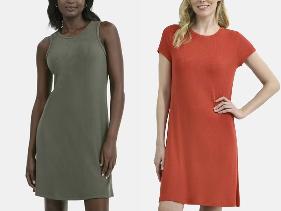 two women wearing green and orange dresses 