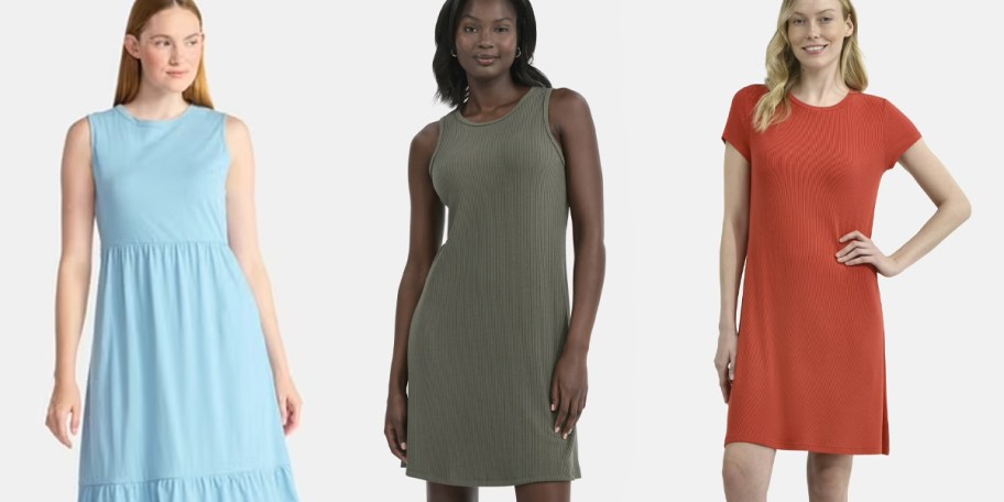 women wearing blue, green, and orange dresses 