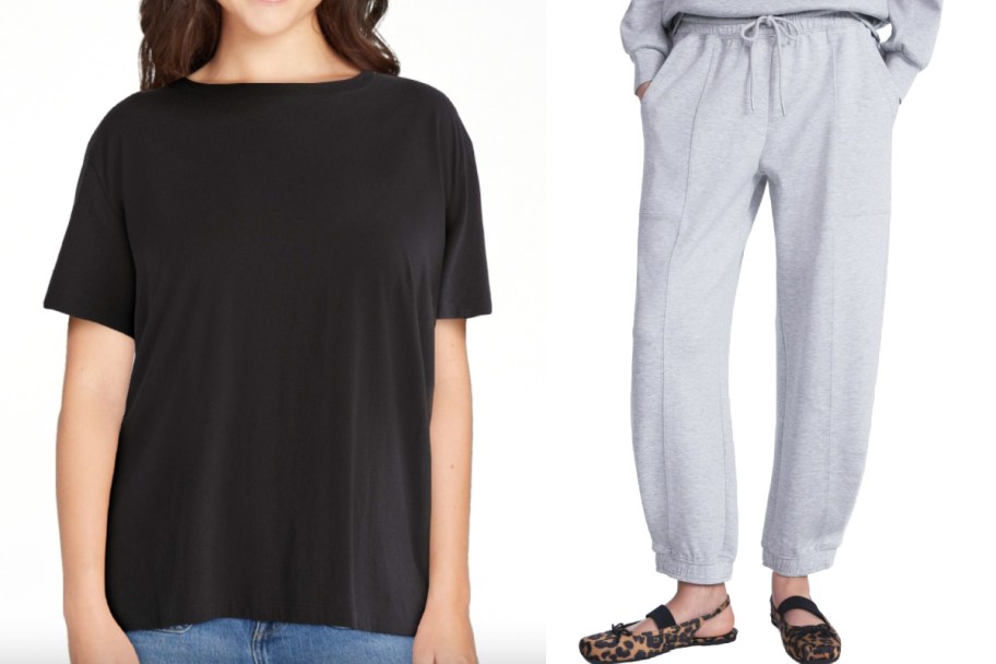 black tee and grey barrel pants