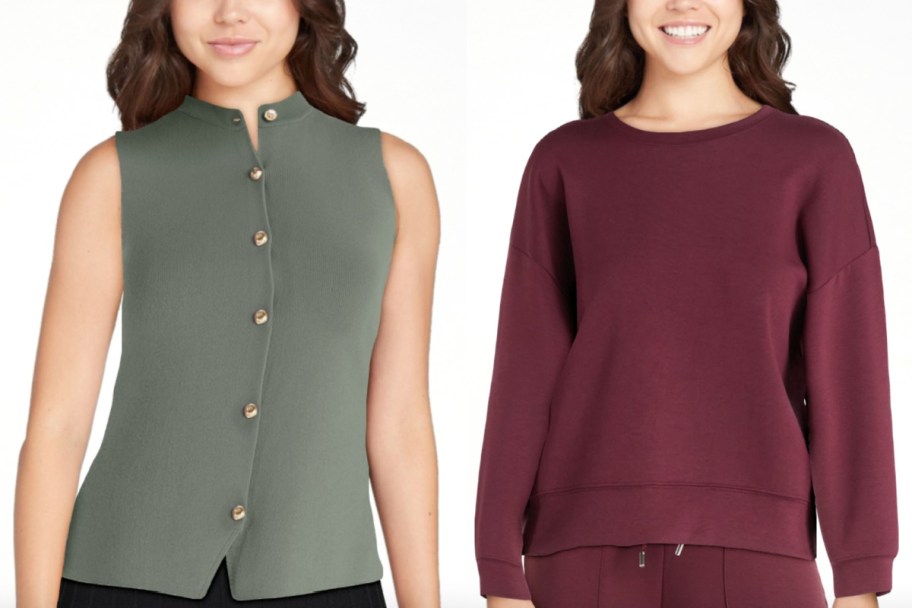 green vest with buttons and maroon sweatshirt