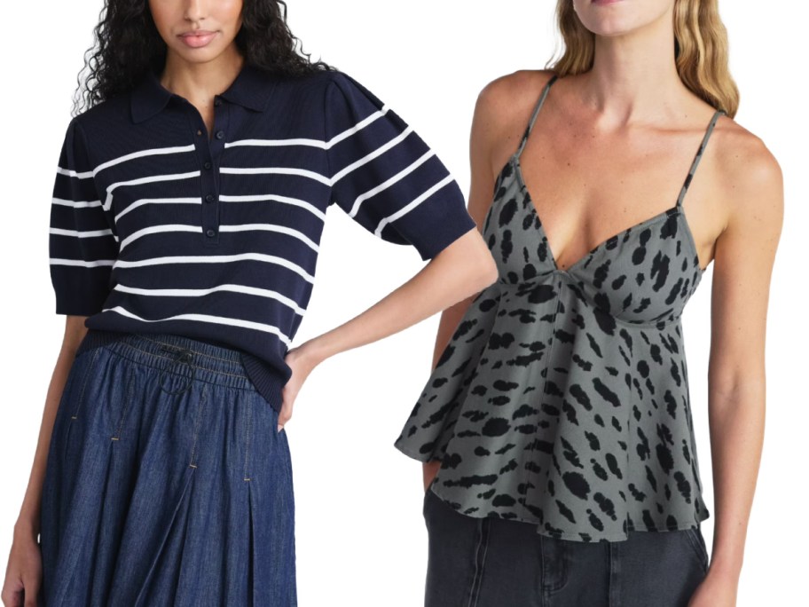 navy striped shirt and leopard denim tank