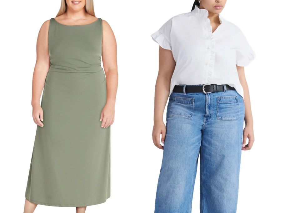 woman in green dress and white top with jeans