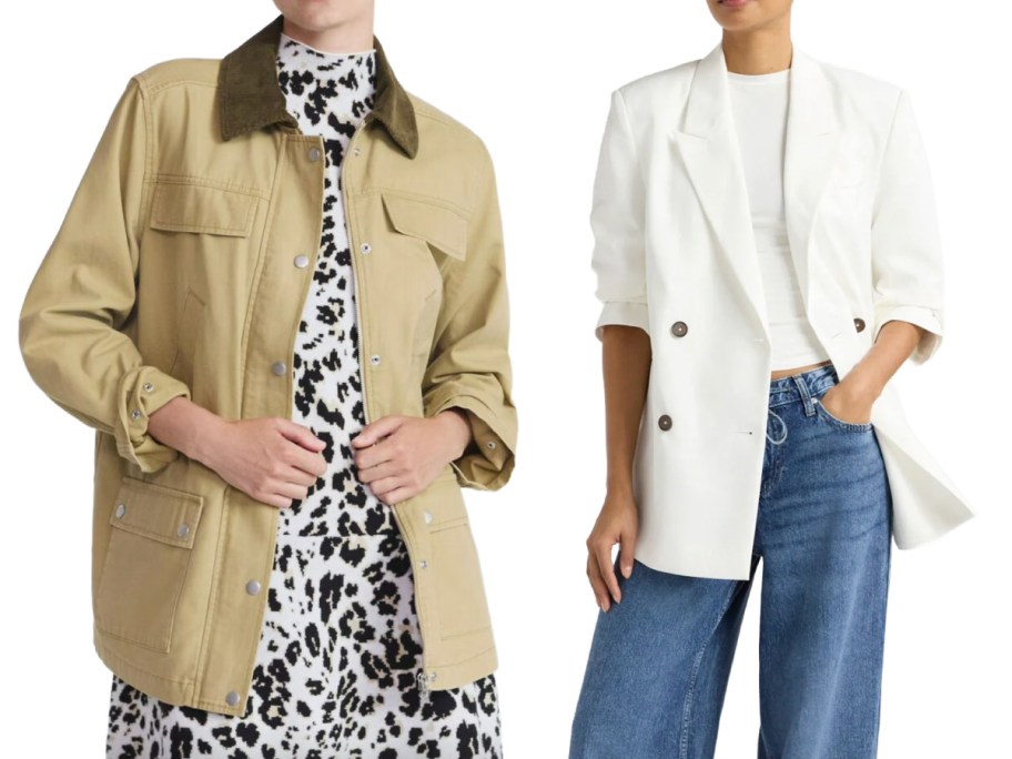 woman with cow print shirt and tan jacket woman in whits slouchy blazer
