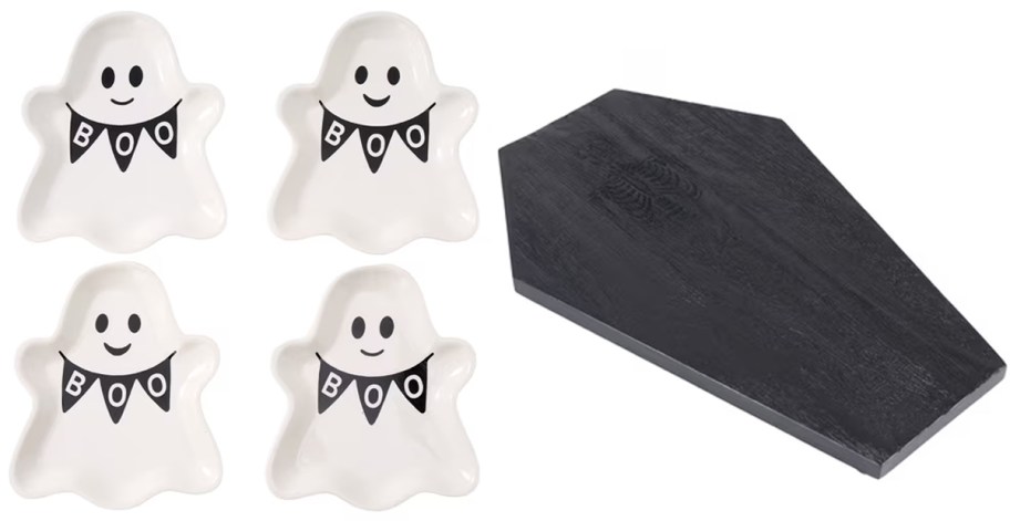4 ghost trinket trays and black coffin serving tray 
