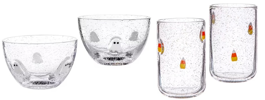 glass ghost bowls and candy corn cups 