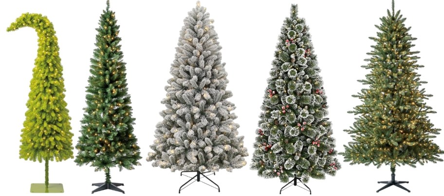 five artificial christmas trees in various heights, and tree varieties