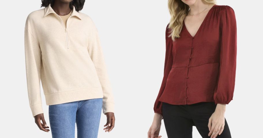 a woman wearing a beige sweatshirt and another woman wearing a red blouse