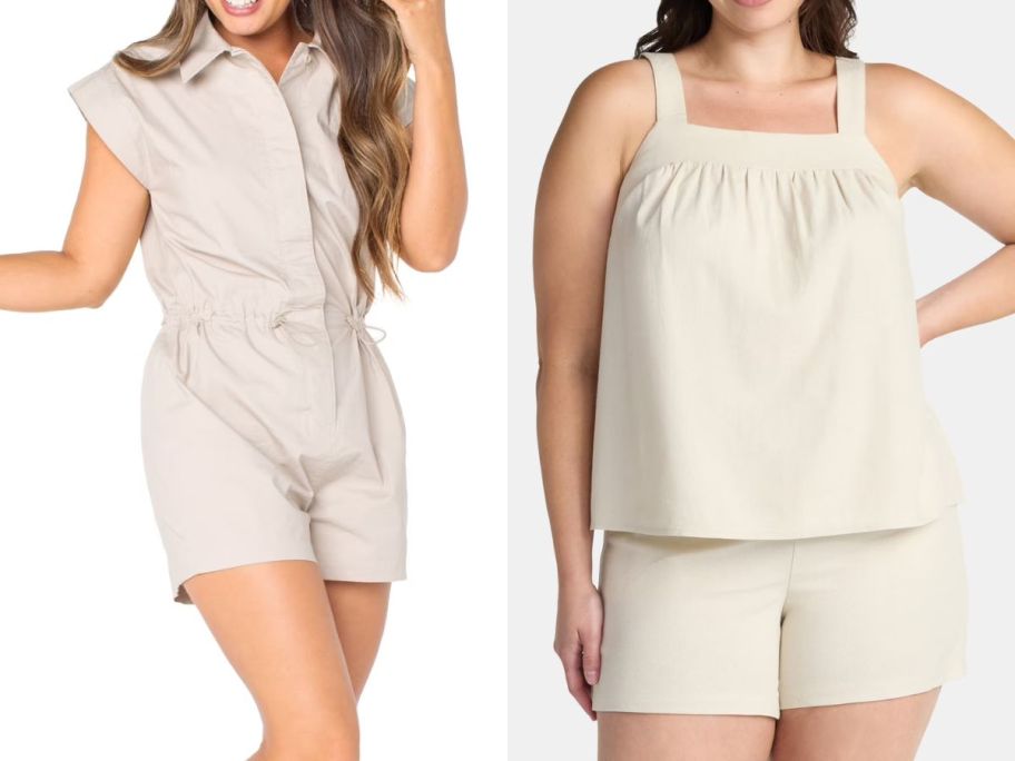 a woman wearing a beige romper and another woman wearing a beige tank and short set