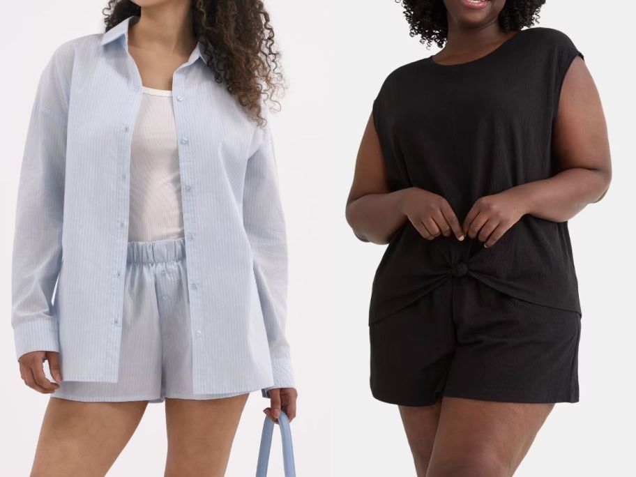 two women wearing top and short sets in blue and black