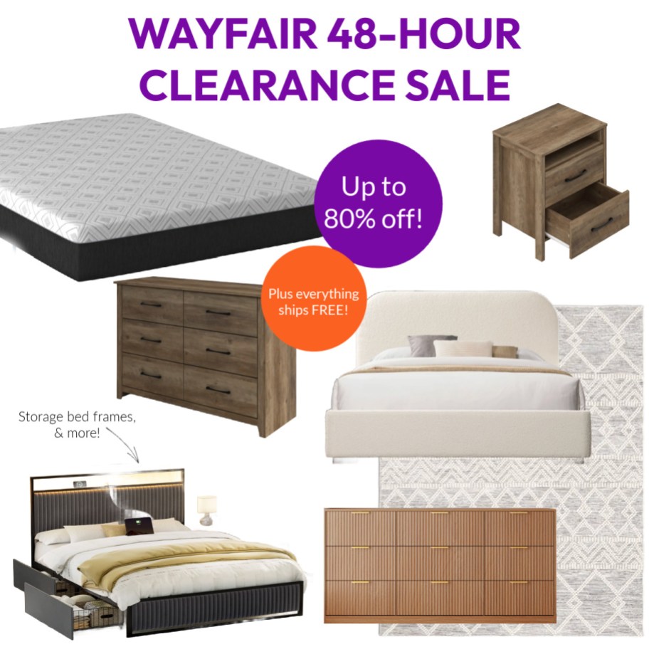 collage of bedframes, mattress, dressers, and more