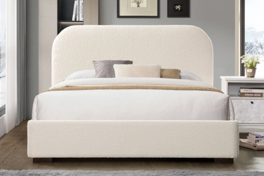 white boucle upholstered bed frame