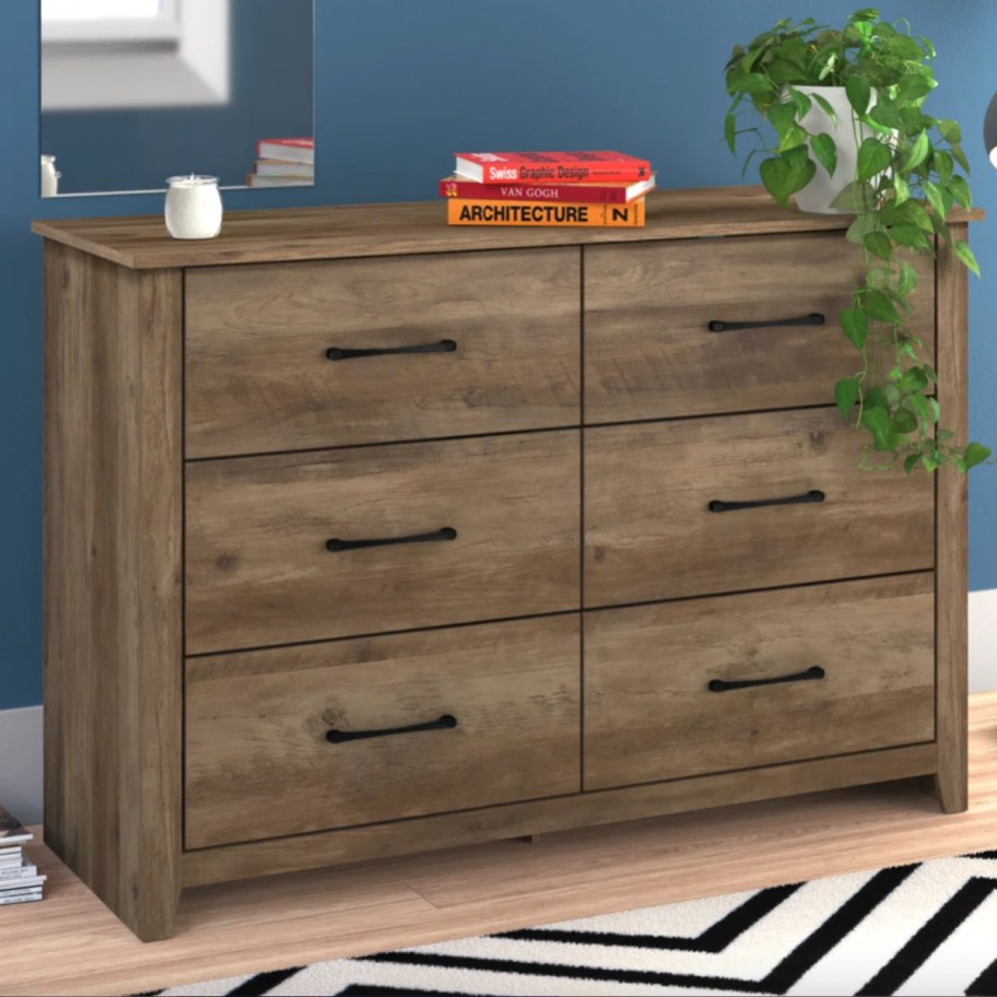 brown double dresser with 6 drawers