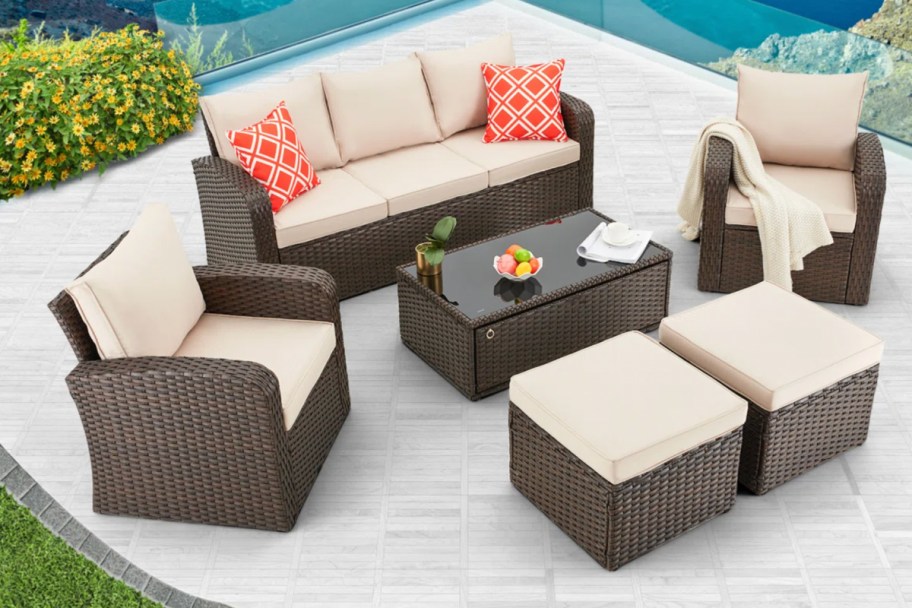beige and brown outdoor sofa 6 piece set