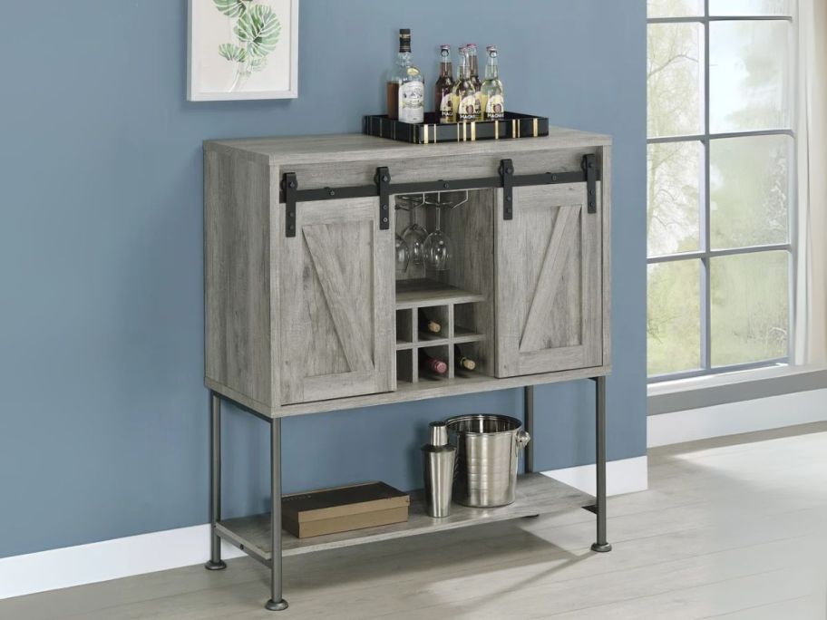 grey Bar Cabinet against wall in dining room