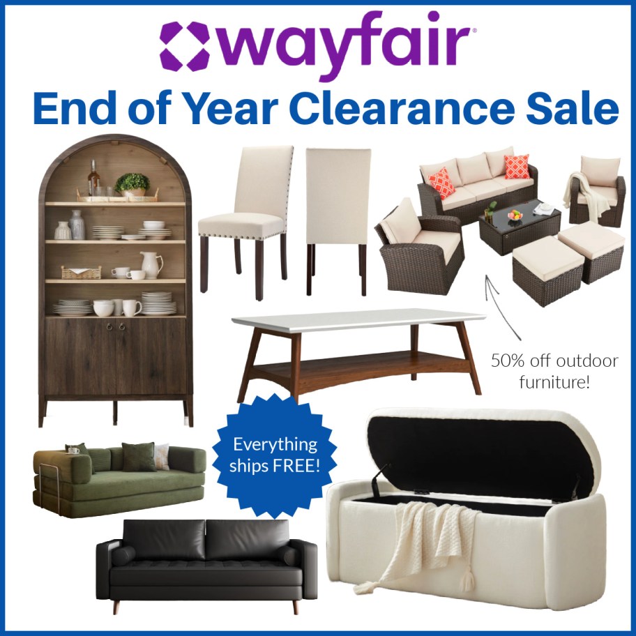 arched cabinet, opened storage bench, dining chairs, and more furniture in collage