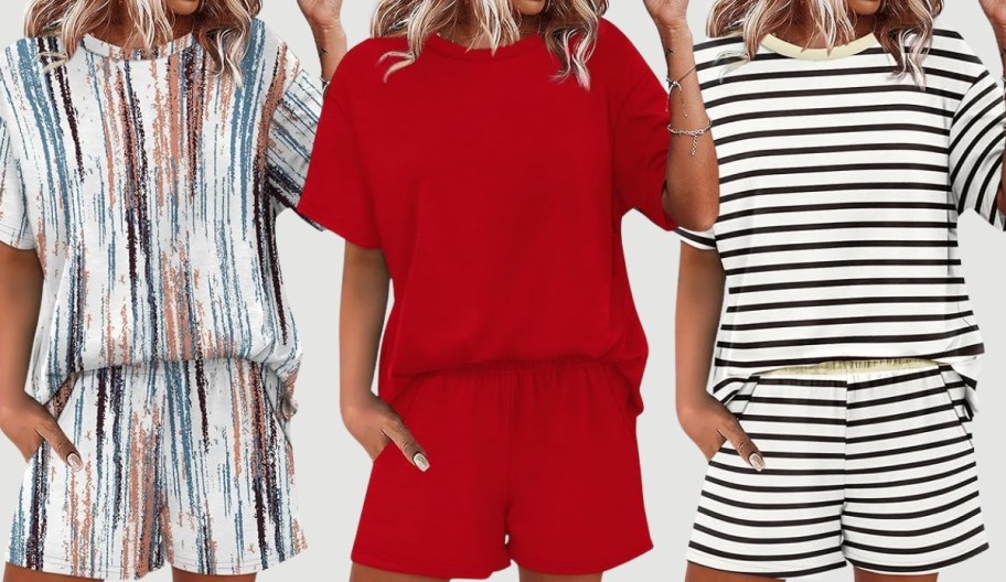 3 models in 3 different colors of the same style lounge set