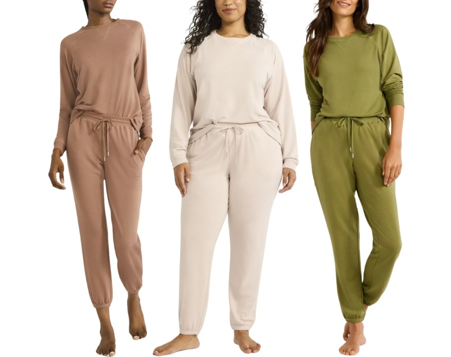 3 womens wearing french terry jogger sets