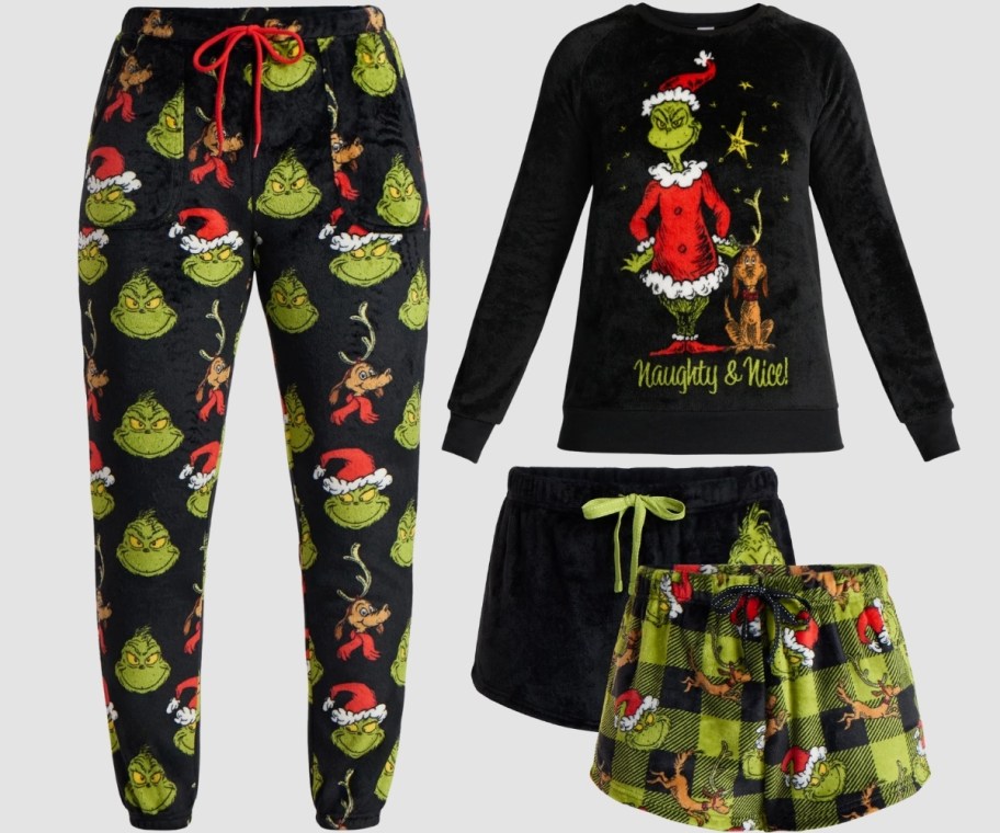 womens grinch fleece joggers, long sleeve tee and sleep shorts 2 pack