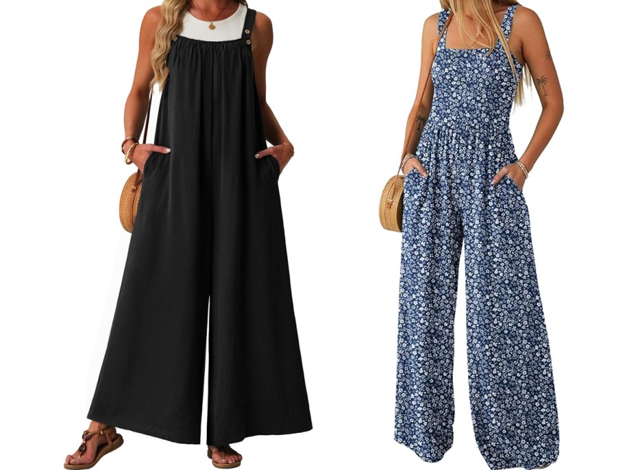 two women modeling black and blue floral print jumpsuits
