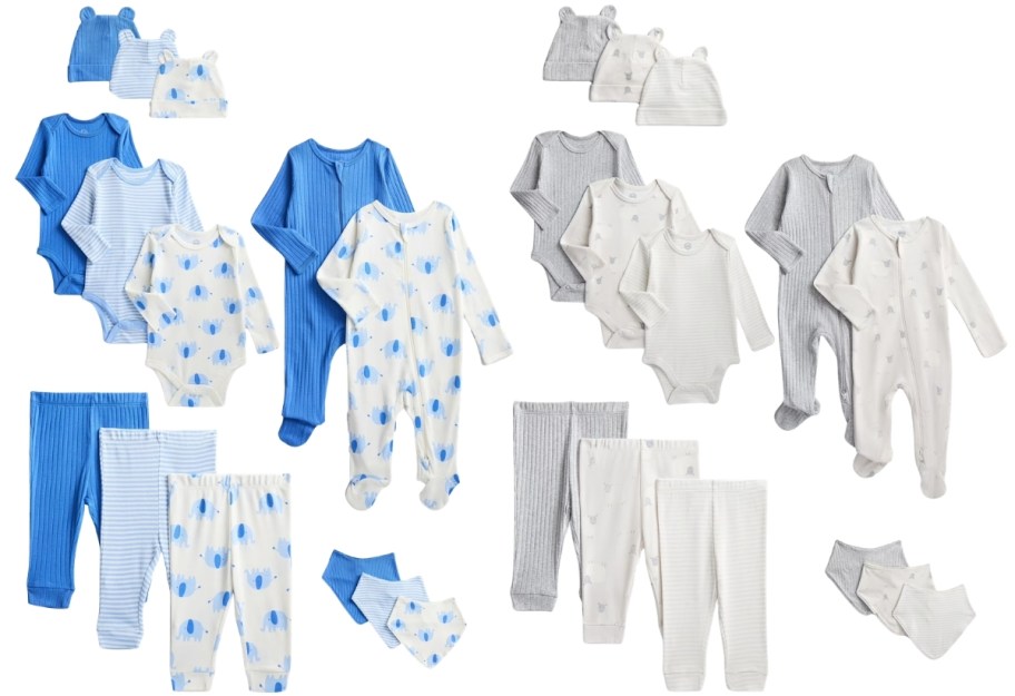 2 14 piece layette sets one in blue and one in gray