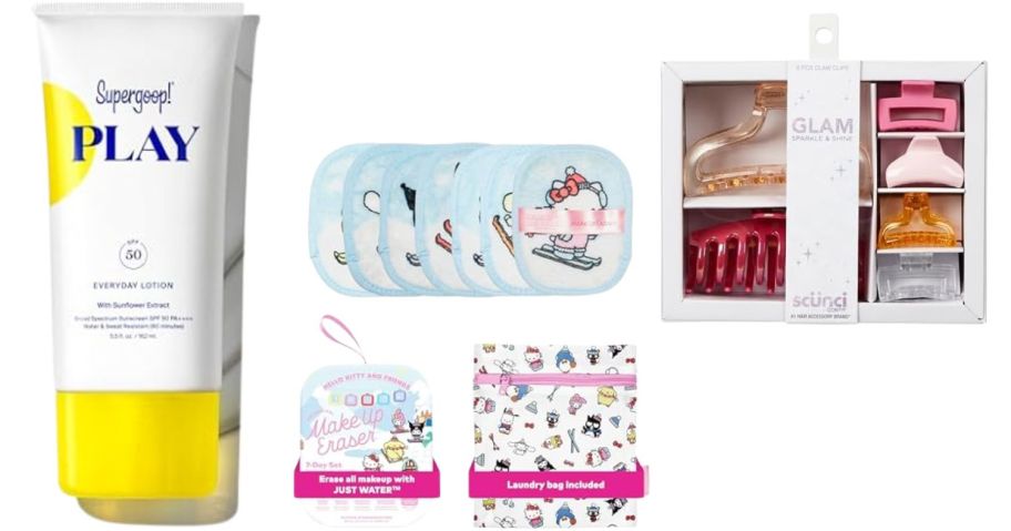 supergoop, makeup eraser set, and hair clips