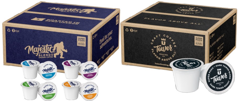 Two coffee pod boxes side by side. The Majestic Blends box is blue with white lettering, showing five colorful coffee pods in front. The Tower Roasting box is black with white lettering, featuring one coffee pod in front.
