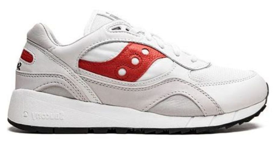 white and red saucony shoe