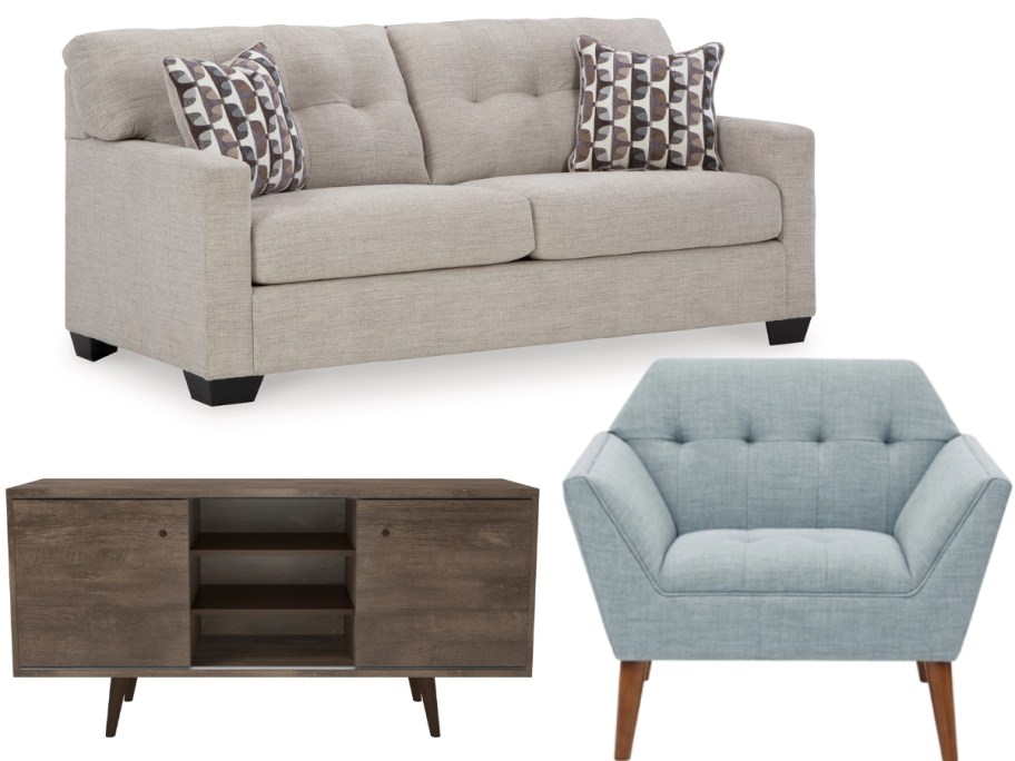 a tan sofa, a modern style TV stand, a modern style accent chair