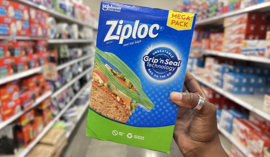 Womans hand holding a box of sandwich bags