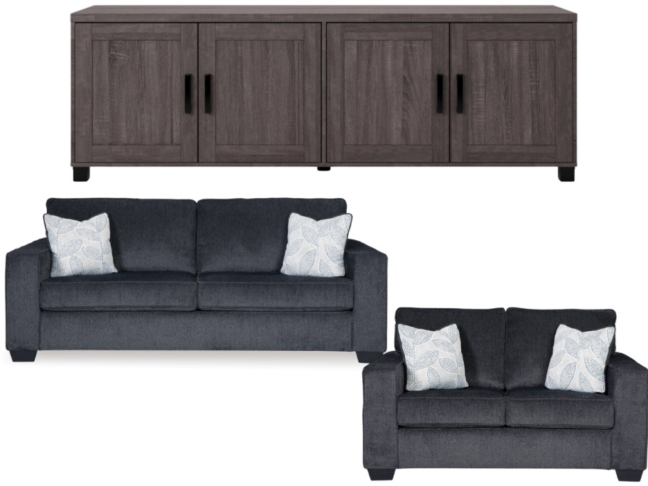a large TV stand, a dark grey sofa and matching loveseat